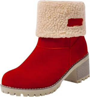 Winter Boots for Women Warm Comfortable Slip On Ankle Boots for Women Chunky Heel Suede Snow Boots Fur Lined Mid Calf Boots Outdoor Shoes