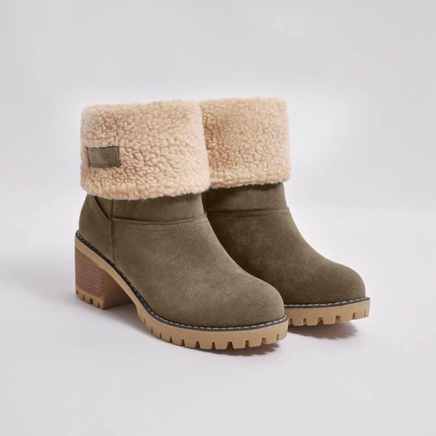 Winter Boots for Women Warm Comfortable Slip On Ankle Boots for Women Chunky Heel Suede Snow Boots Fur Lined Mid Calf Boots Outdoor Shoes