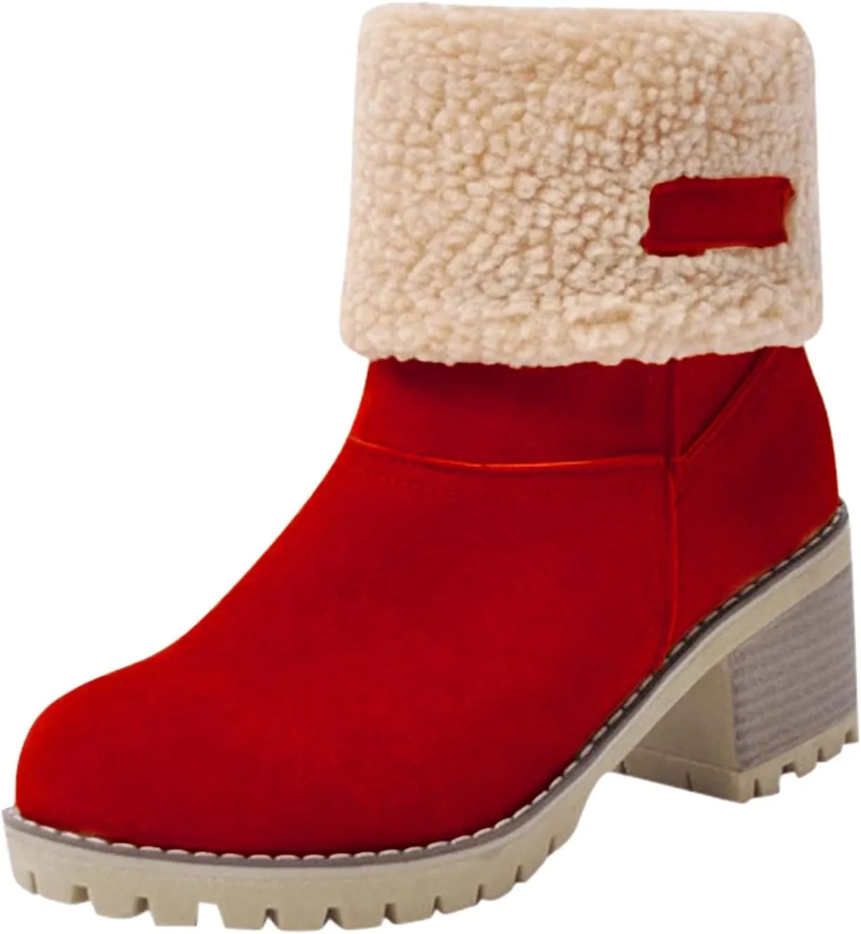 Winter Boots for Women Warm Comfortable Slip On Ankle Boots for Women Chunky Heel Suede Snow Boots Fur Lined Mid Calf Boots Outdoor Shoes