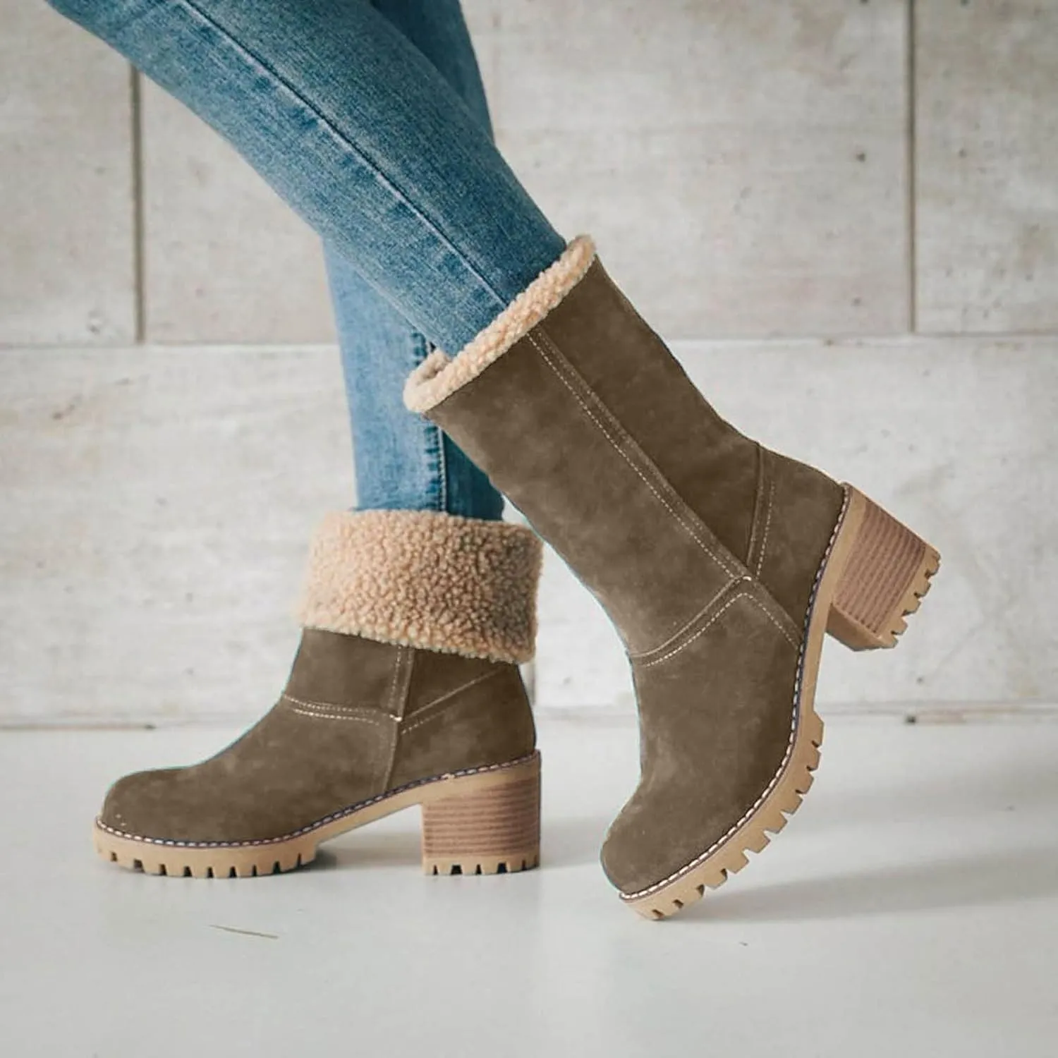 Winter Boots for Women Warm Comfortable Slip On Ankle Boots for Women Chunky Heel Suede Snow Boots Fur Lined Mid Calf Boots Outdoor Shoes