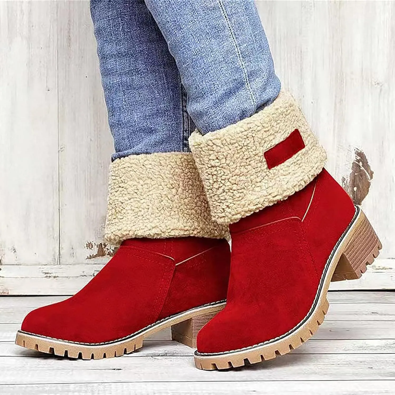 Winter Boots for Women Warm Comfortable Slip On Ankle Boots for Women Chunky Heel Suede Snow Boots Fur Lined Mid Calf Boots Outdoor Shoes