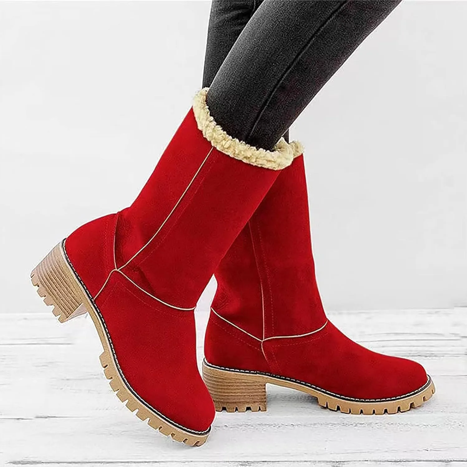 Winter Boots for Women Warm Comfortable Slip On Ankle Boots for Women Chunky Heel Suede Snow Boots Fur Lined Mid Calf Boots Outdoor Shoes
