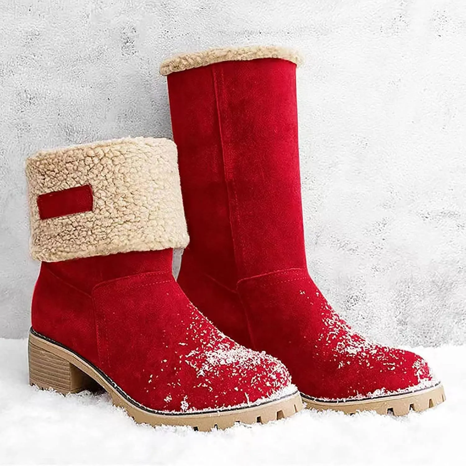 Winter Boots for Women Warm Comfortable Slip On Ankle Boots for Women Chunky Heel Suede Snow Boots Fur Lined Mid Calf Boots Outdoor Shoes