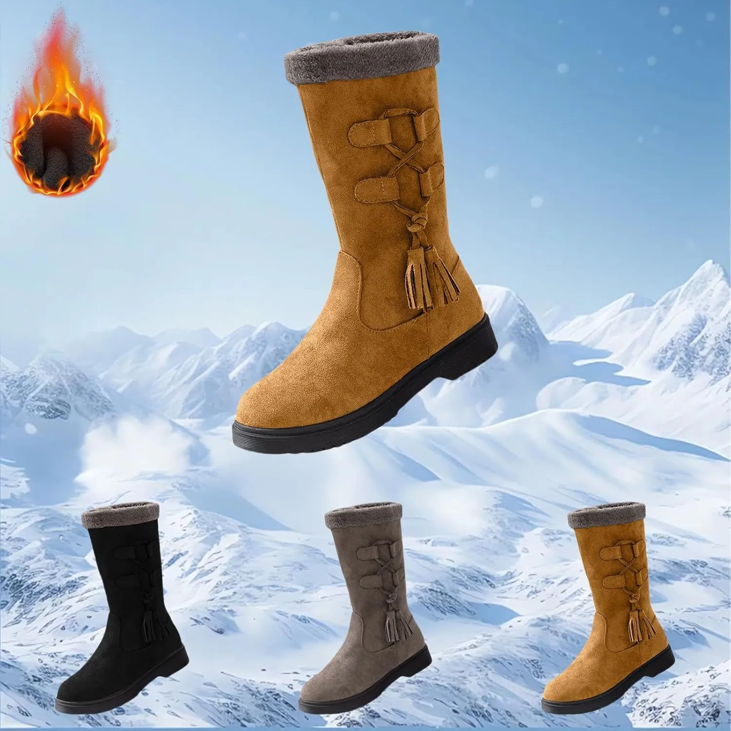 Winter Boots for Women Waterproof Fuzzy Snow Boots Fashion Casual Plush Thermal Non Slip Wedge Mid Calf Boots