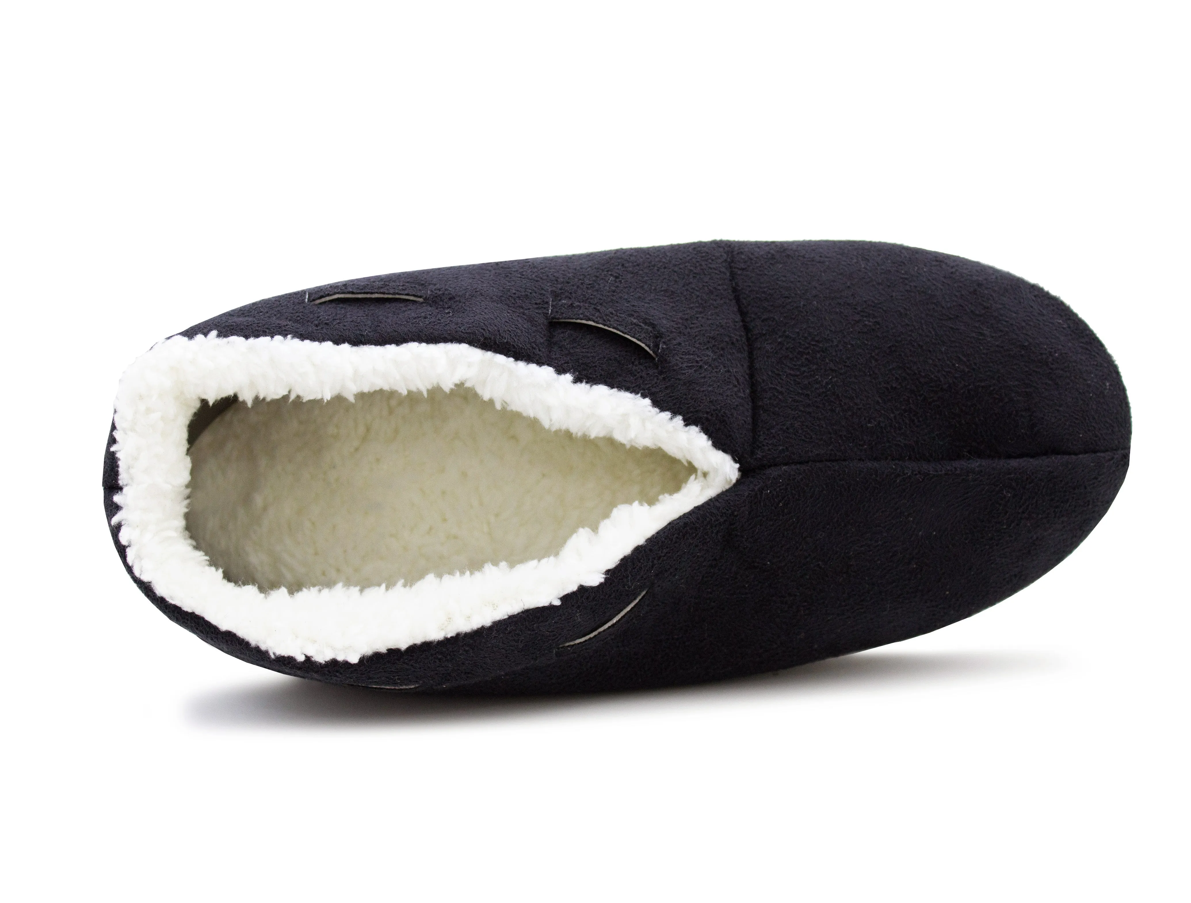 Womens Navy Faux Fur Lined Moccasin Slippers Lightweight Warm Cosy Slip On Faux Suede Loafer Soft Sole Indoor House Shoes