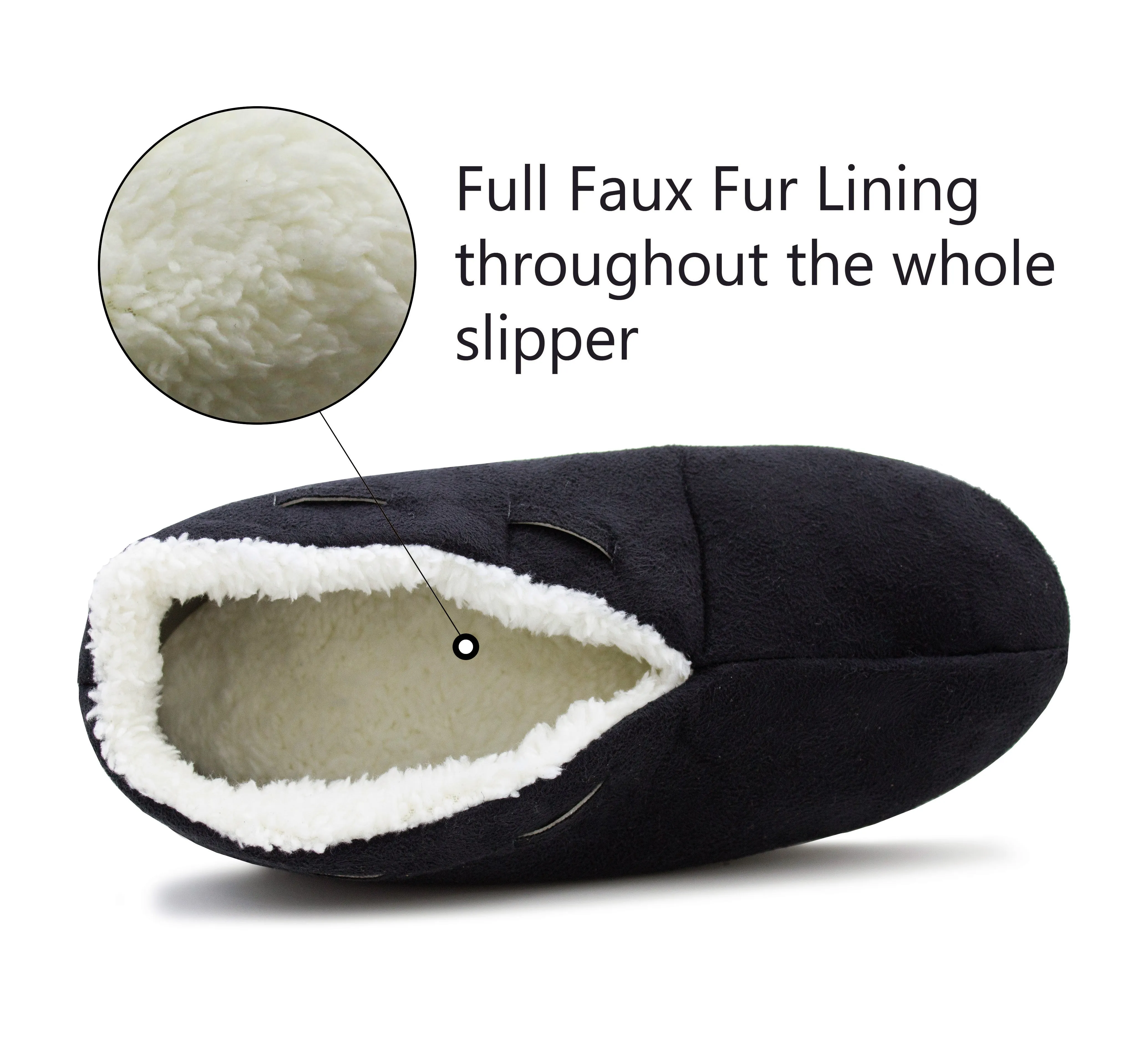 Womens Navy Faux Fur Lined Moccasin Slippers Lightweight Warm Cosy Slip On Faux Suede Loafer Soft Sole Indoor House Shoes