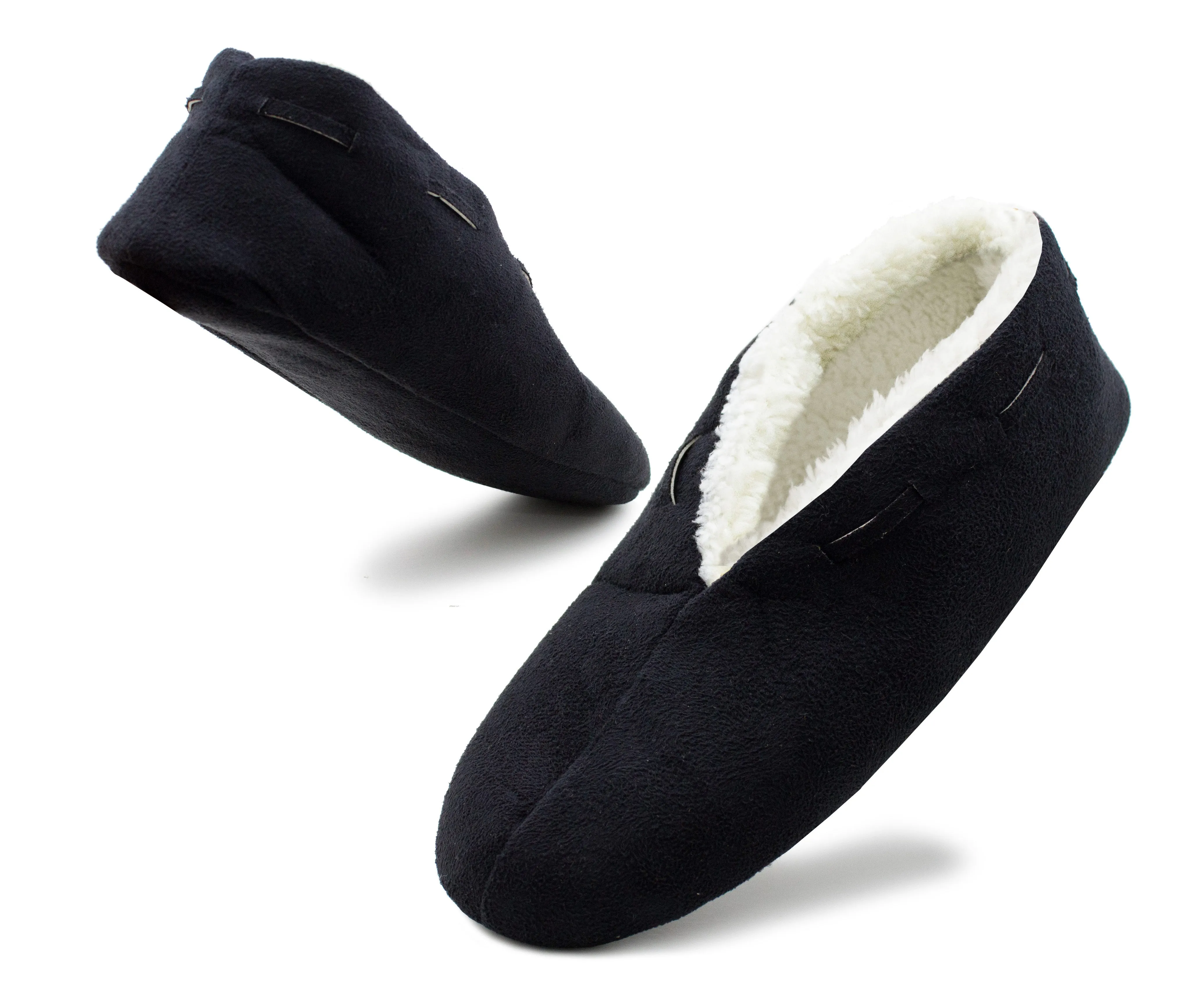 Womens Navy Faux Fur Lined Moccasin Slippers Lightweight Warm Cosy Slip On Faux Suede Loafer Soft Sole Indoor House Shoes