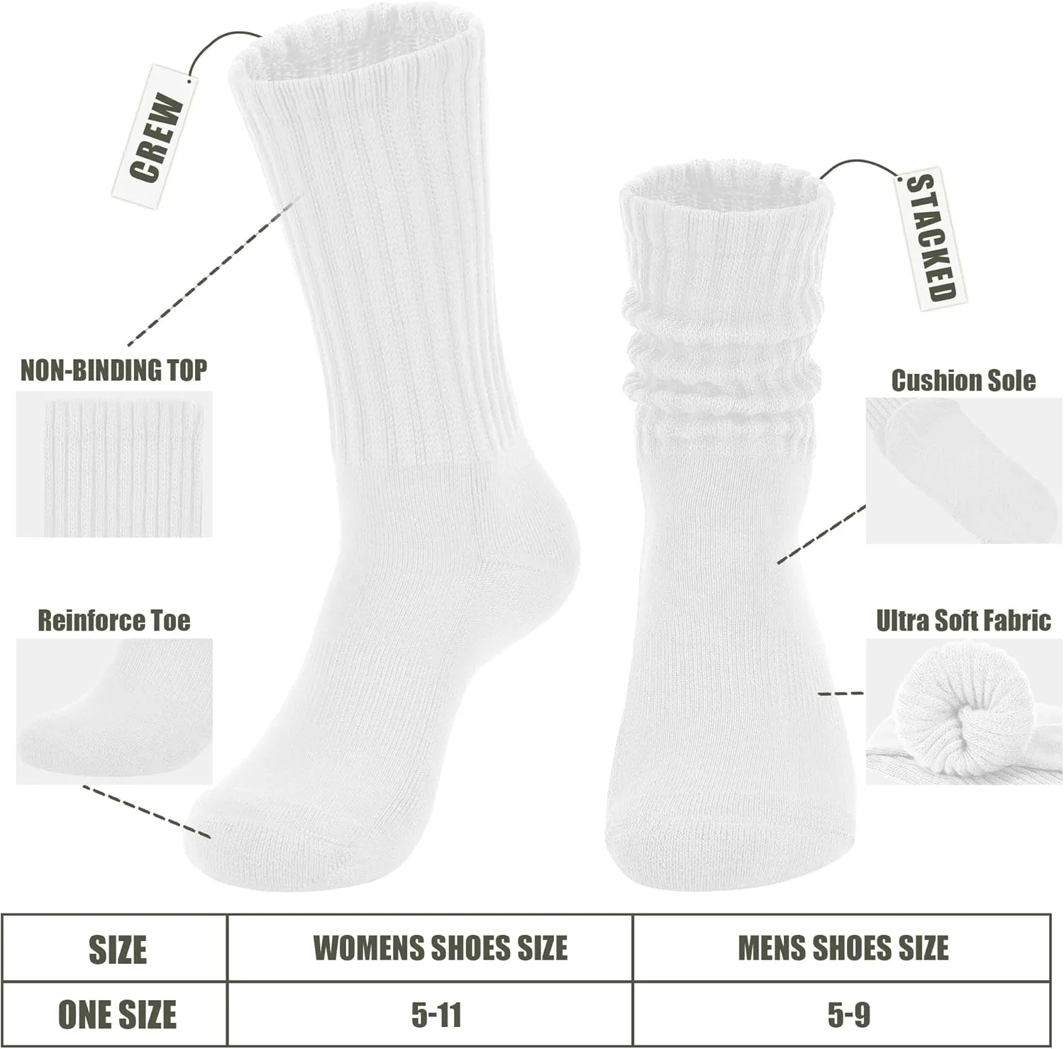 Women's Slouch Crew Socks Retro Solid Scrunch Boot Socks Chunky Ribbed Cozy 3-Pack Cotton Crew Socks Size 5-11