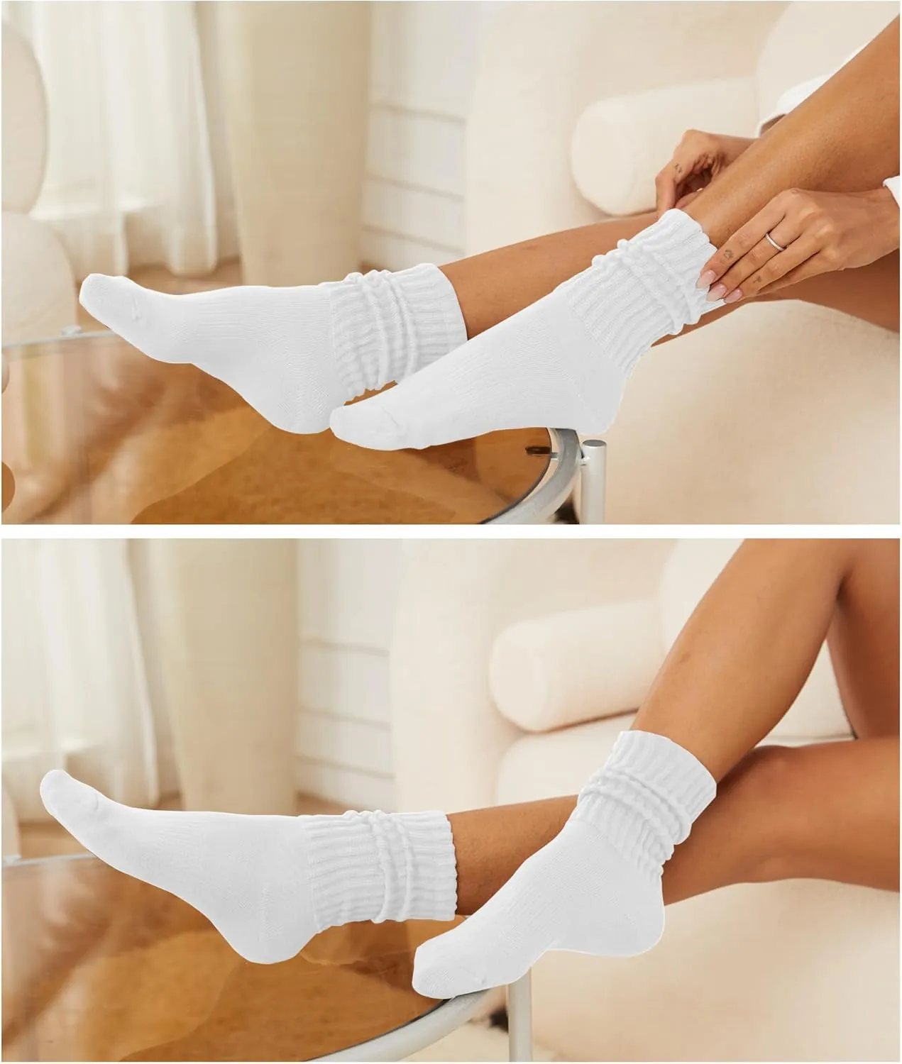 Women's Slouch Crew Socks Retro Solid Scrunch Boot Socks Chunky Ribbed Cozy 3-Pack Cotton Crew Socks Size 5-11