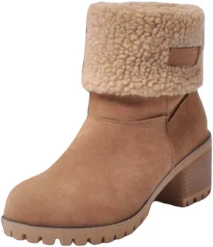 Womens Snow Boots Chunky Heel Slip On Ankle Booties Suede Fur Lined Waterproof Outdoor Comfortable Winter Shoes