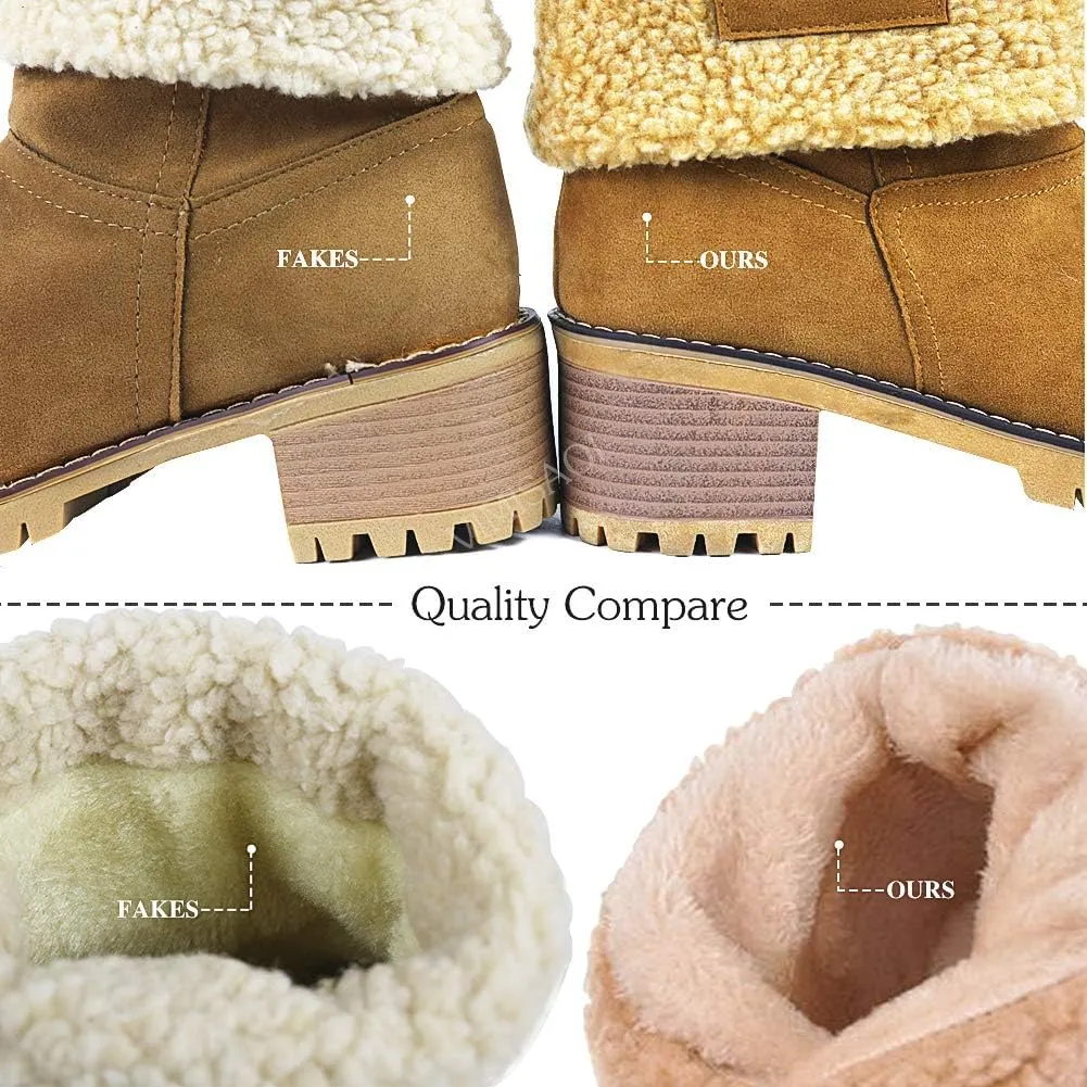Womens Snow Boots Chunky Heel Slip On Ankle Booties Suede Fur Lined Waterproof Outdoor Comfortable Winter Shoes