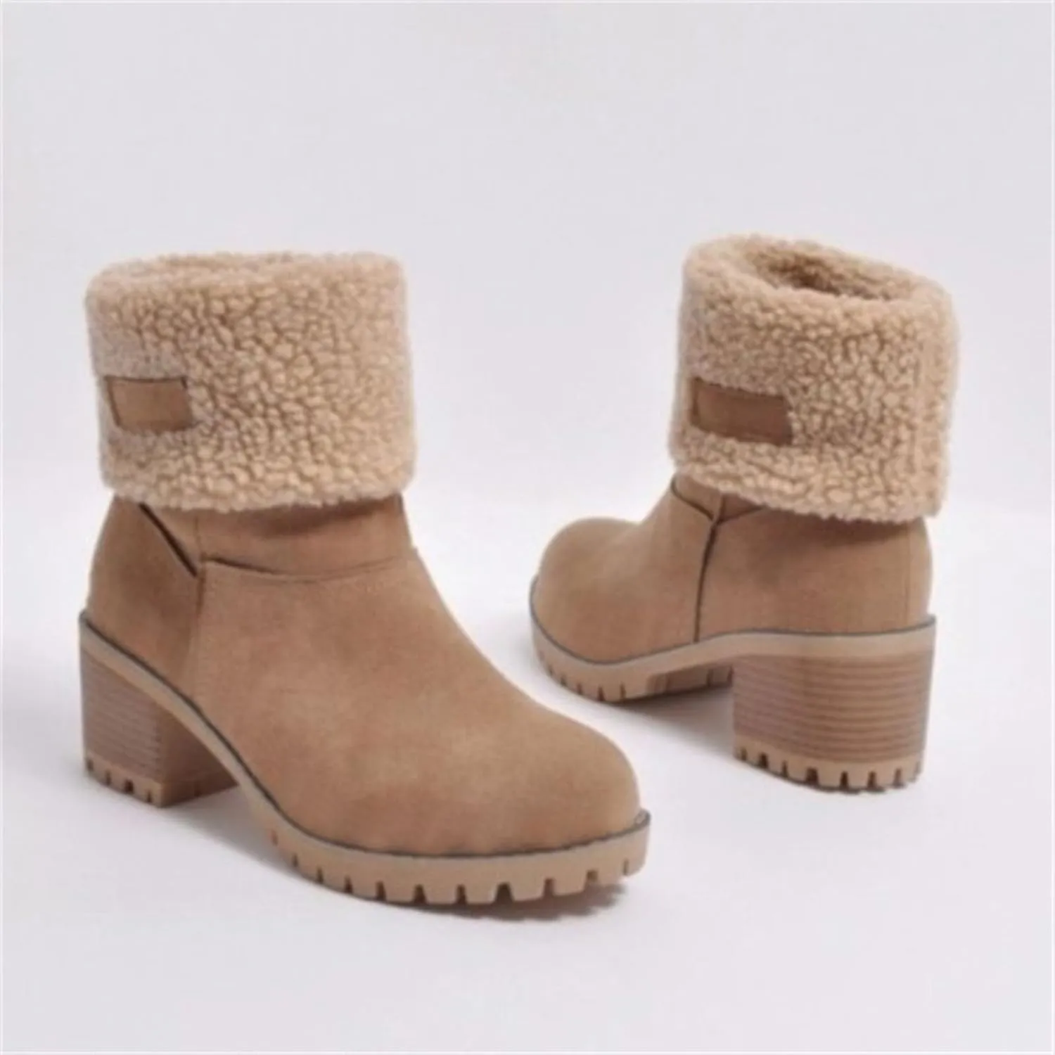 Womens Snow Boots Chunky Heel Slip On Ankle Booties Suede Fur Lined Waterproof Outdoor Comfortable Winter Shoes