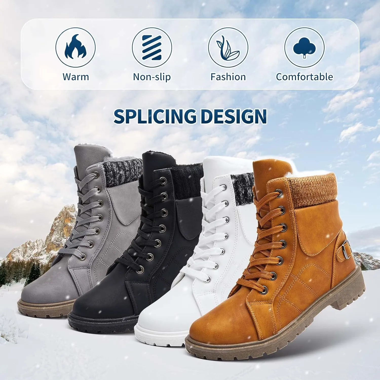 XRH Women Lace Up Combat Boot Winter Snow Boots Warm Fur Lined Ankle Booties Waterproof Hiking Boot for Women Non Slip Leather Boots Shoes