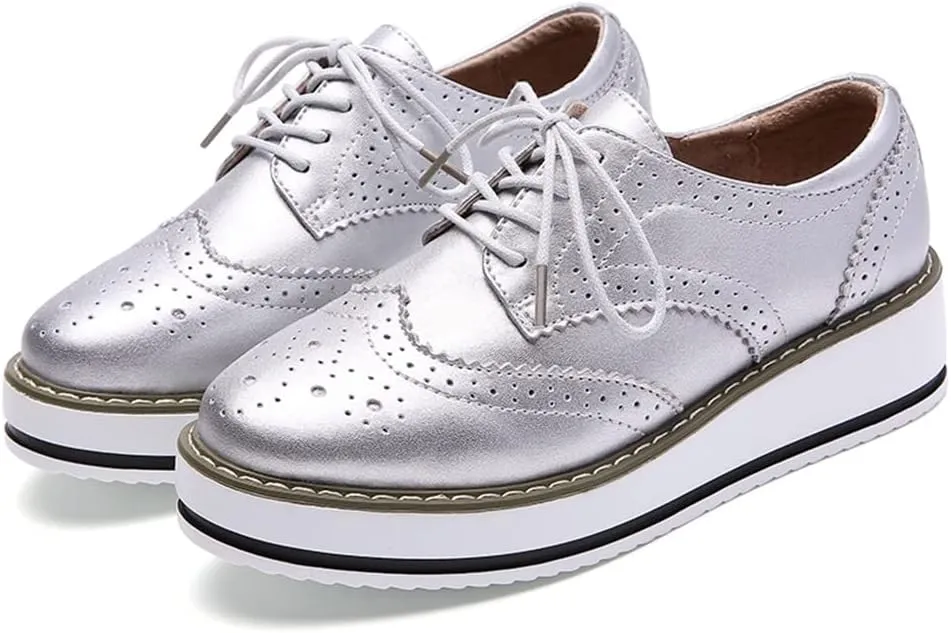 YING LAN Women's Platform Lace-Up Wingtips Square Toe Oxfords Shoe