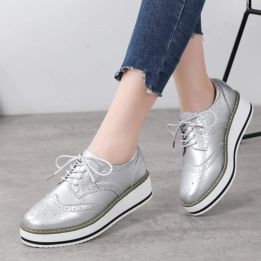 YING LAN Women's Platform Lace-Up Wingtips Square Toe Oxfords Shoe