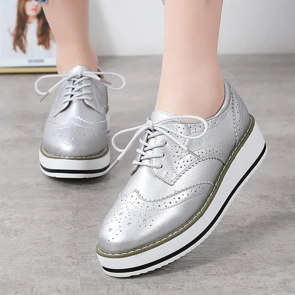 YING LAN Women's Platform Lace-Up Wingtips Square Toe Oxfords Shoe