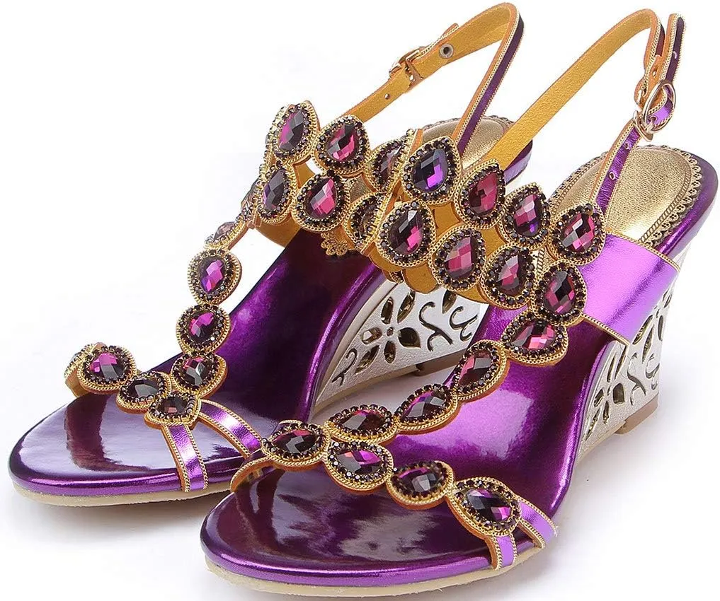 YooPrettyz Women Metallic Strappy Dress Heeled Sandals Jewel Wedding Wedge Sandals