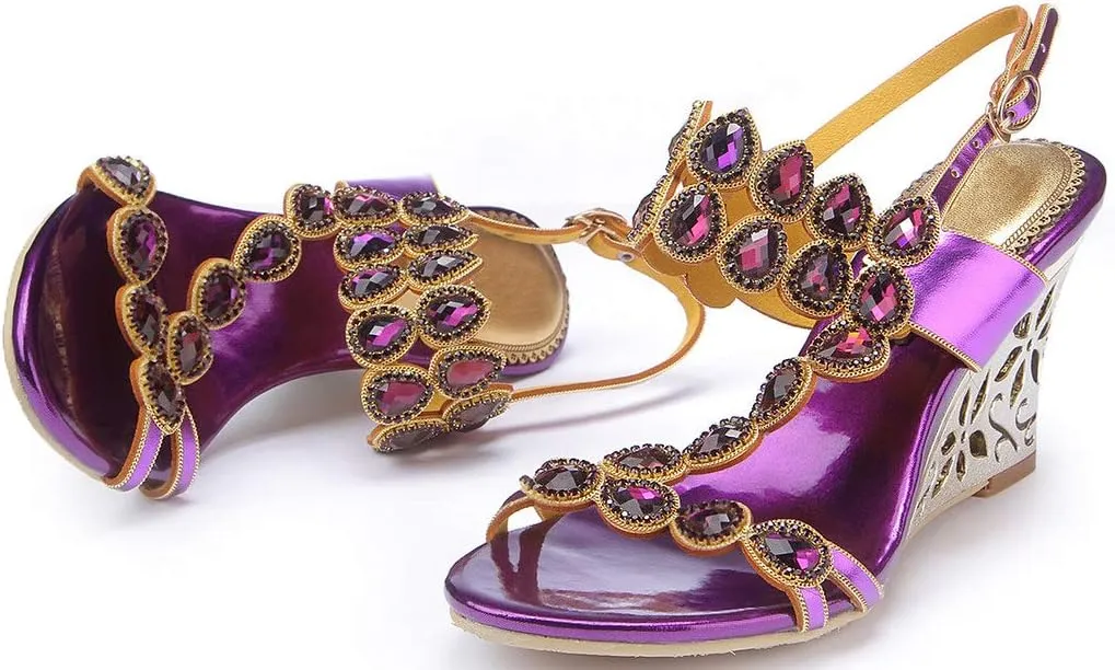 YooPrettyz Women Metallic Strappy Dress Heeled Sandals Jewel Wedding Wedge Sandals
