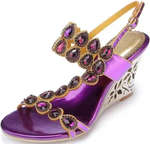 YooPrettyz Women Metallic Strappy Dress Heeled Sandals Jewel Wedding Wedge Sandals