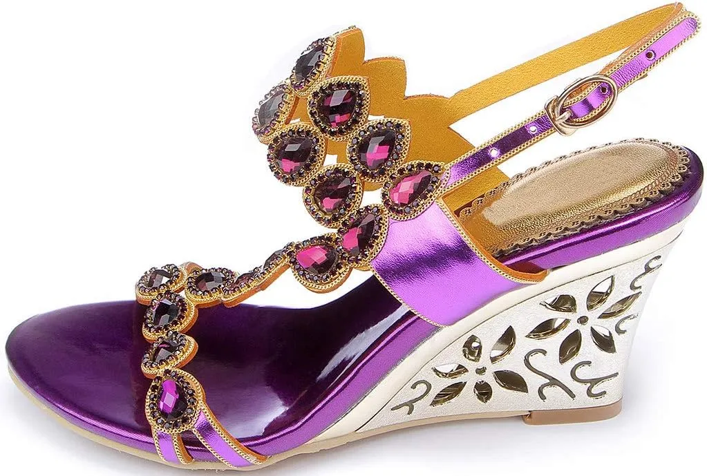 YooPrettyz Women Metallic Strappy Dress Heeled Sandals Jewel Wedding Wedge Sandals